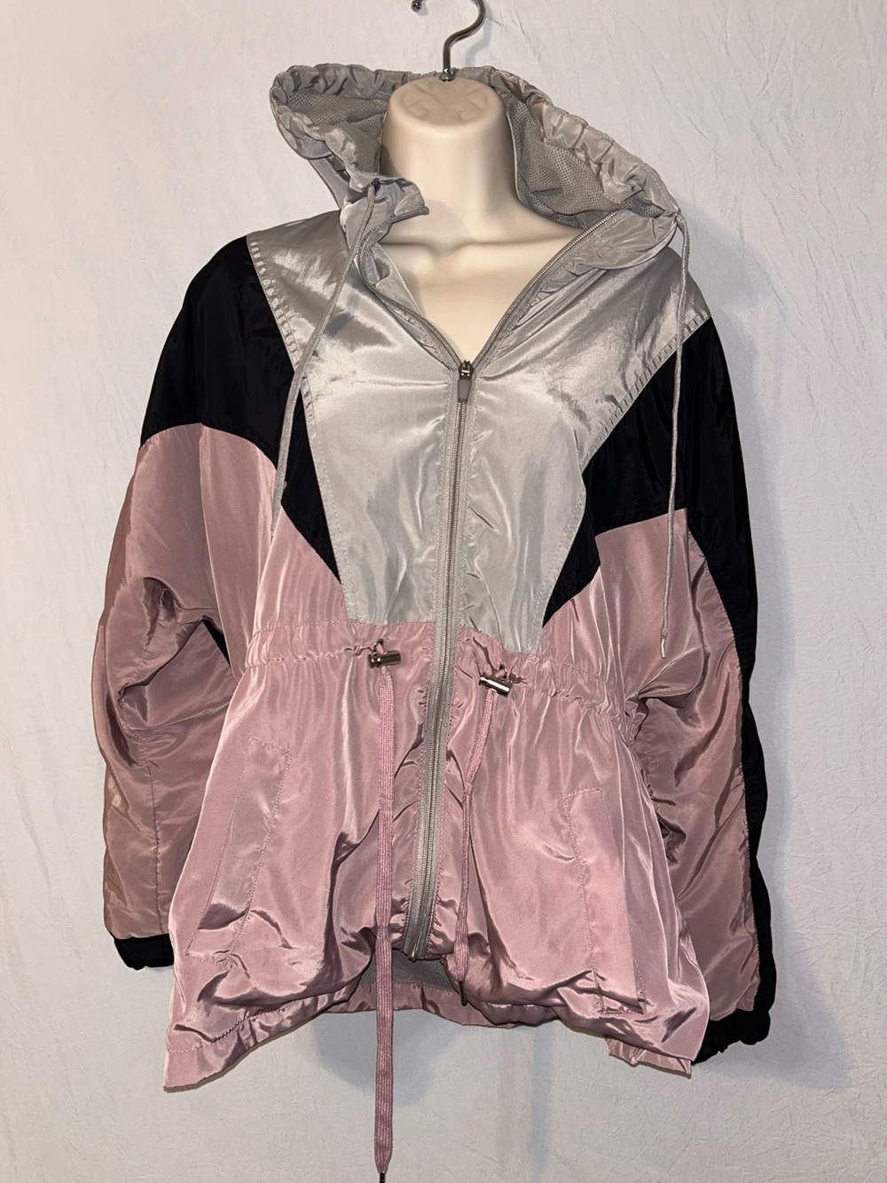 Women's Colorblock Hooded Windbreaker Jacket Pink/Gray/Black M Outdoor Collectio
